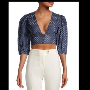 BCBG Max Azria Puff-Sleeve Polka Dot Cropped Top Dark Navy XS